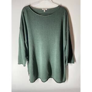 Eileen Fisher Linen Green Knit Side Tie 3/4 Sleeve Loose Fit Sweater Size Medium